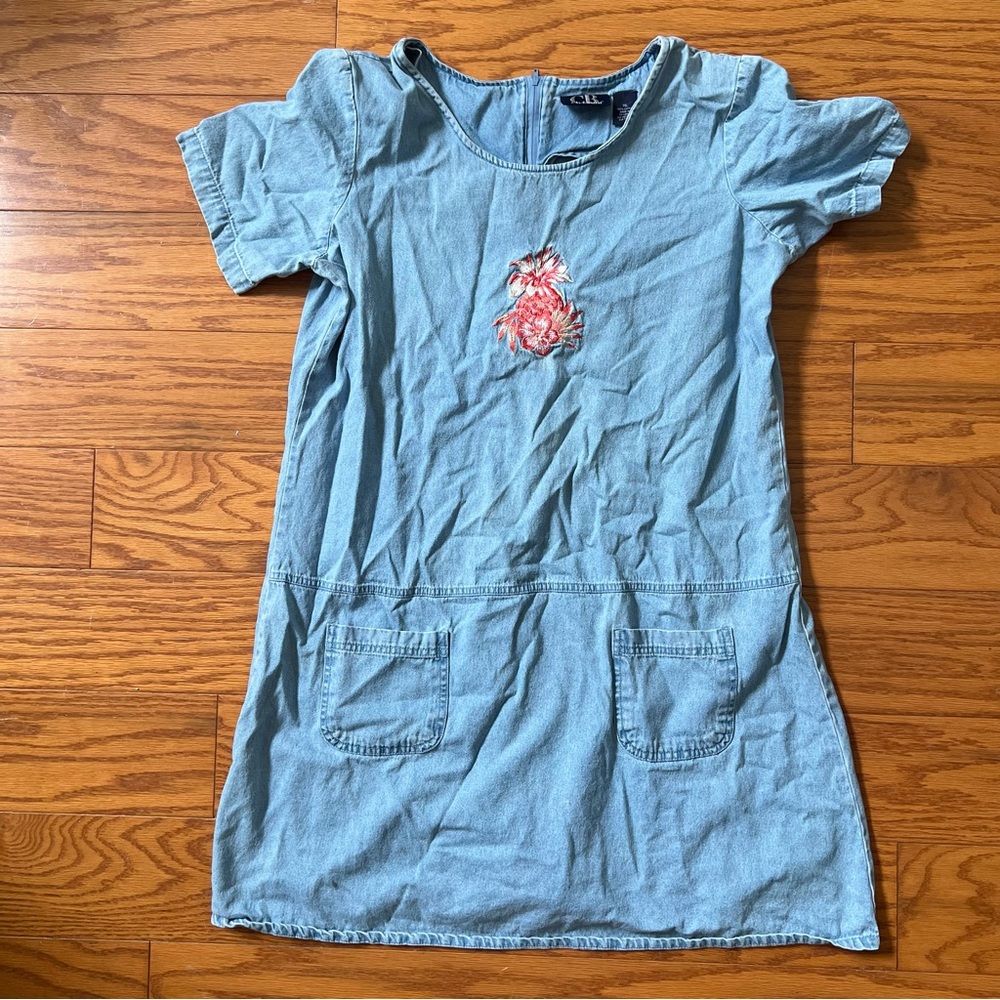 C.B. CB Casual Cotton Blue Denim Dress with Embroidered Floral Detail XL